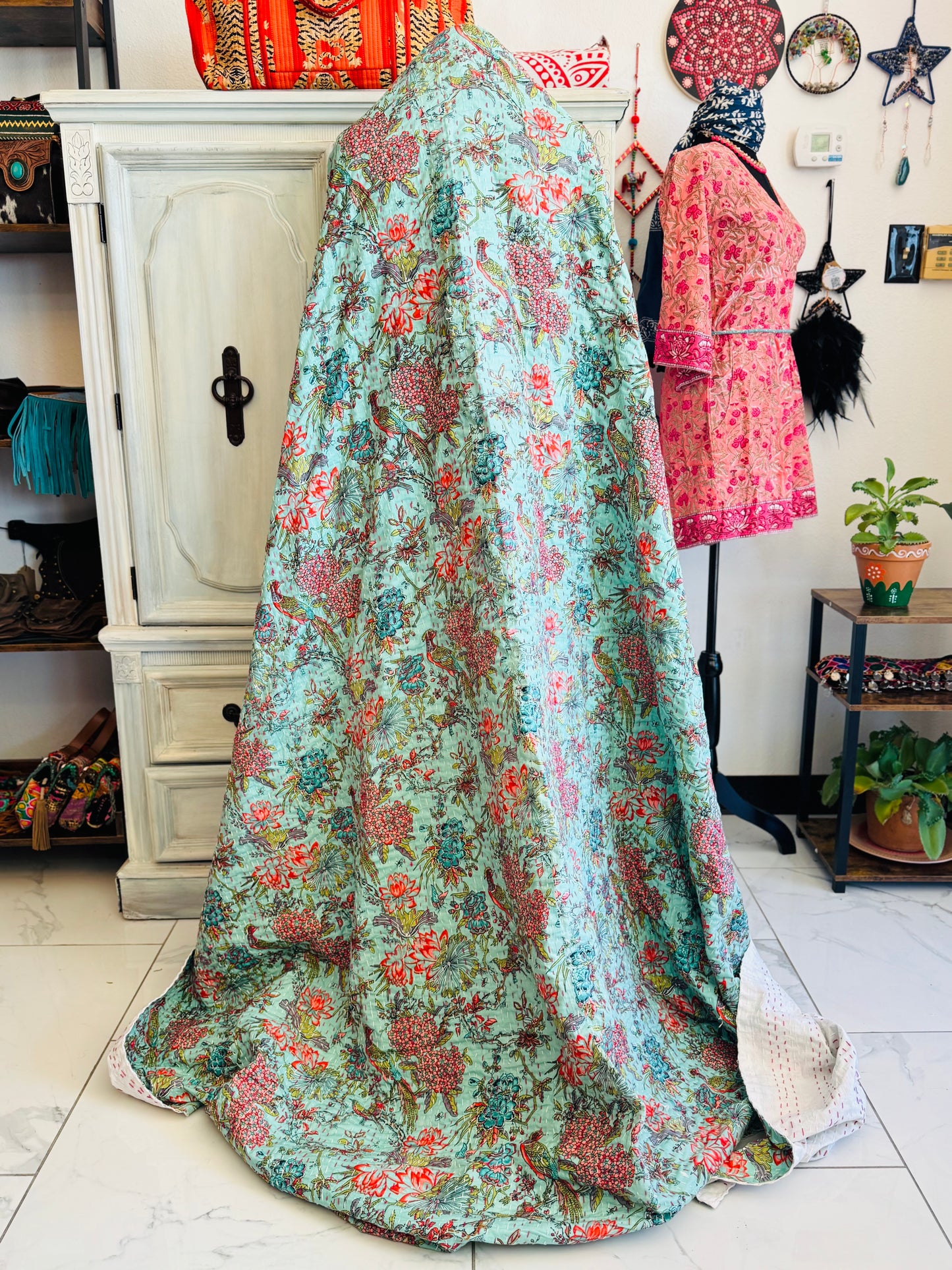 Peacock Garden – Handblock Printed Kantha Quilt | Cotton | Handmade | Full Size