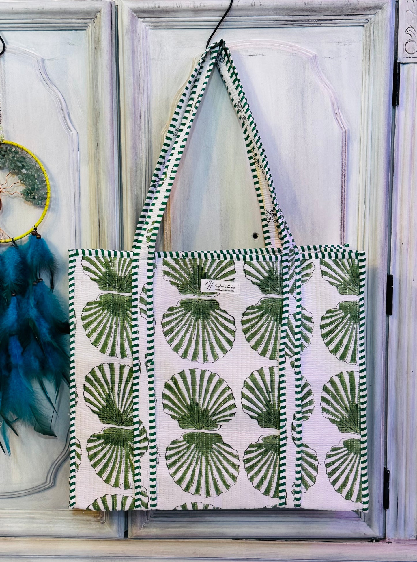 Green Shell Breeze Tote – Handmade Quilted Cotton Bag | Boho Everyday Tote