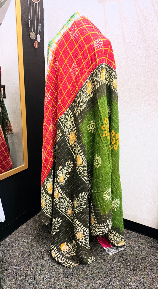 Pink Saree Kantha Quilt – Twin Size - Throw Blanket