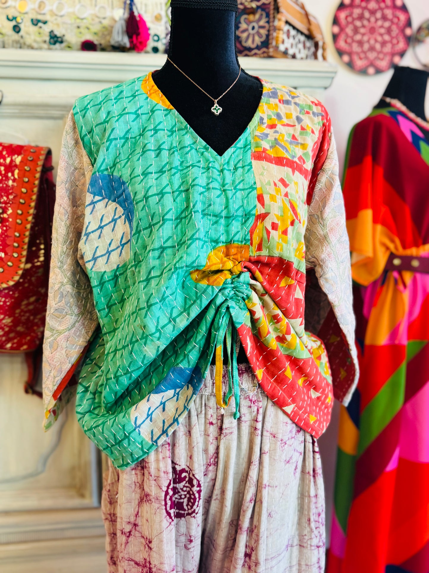 Ocean Patchwork Breeze Butterfly 2-Way Top – Handmade | 100% Cotton Boho Blouse