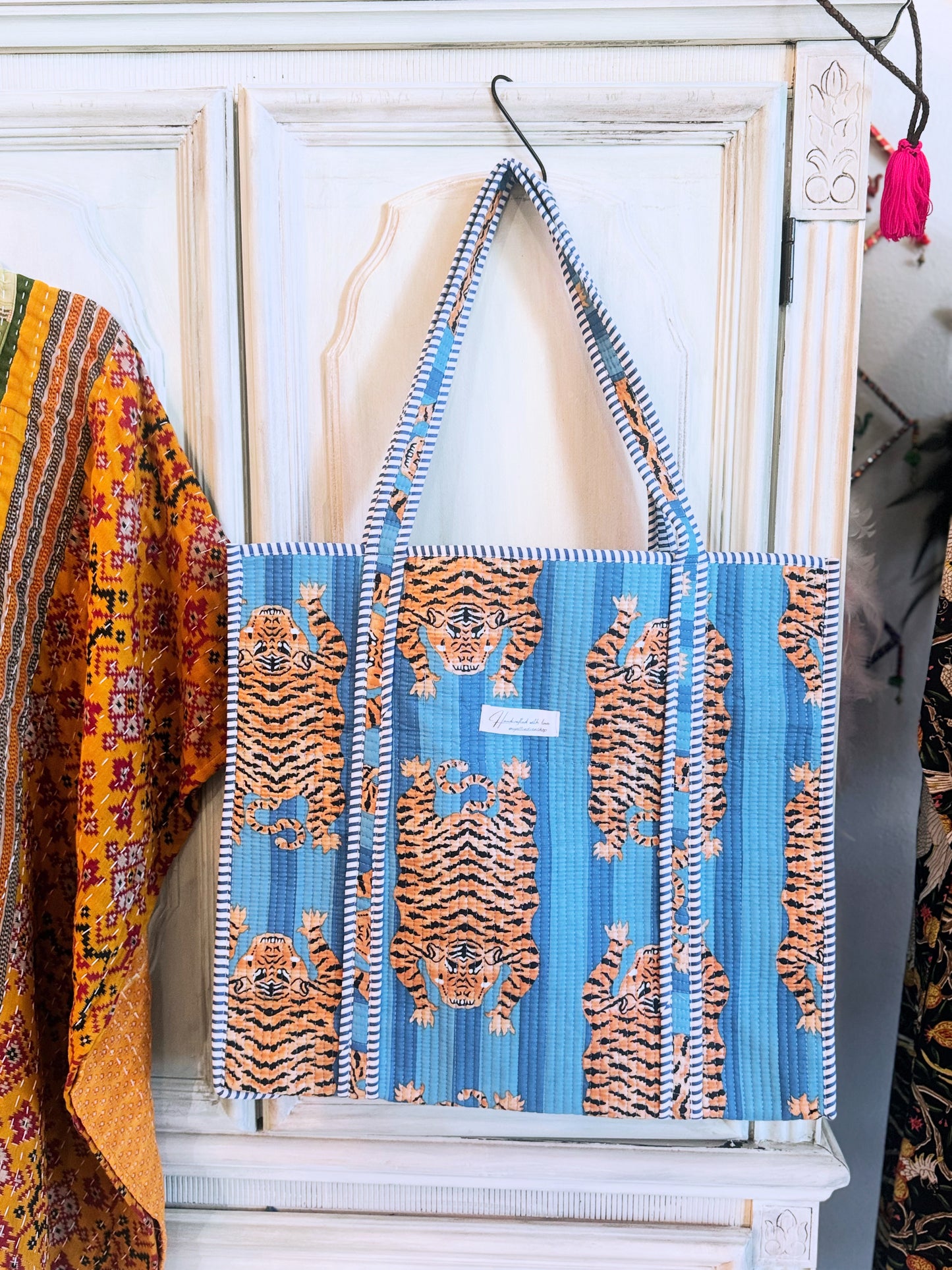Blue Tiger Print Quilted Cotton Tote Bag – Large Reversible Handmade Shopper with Pocket
