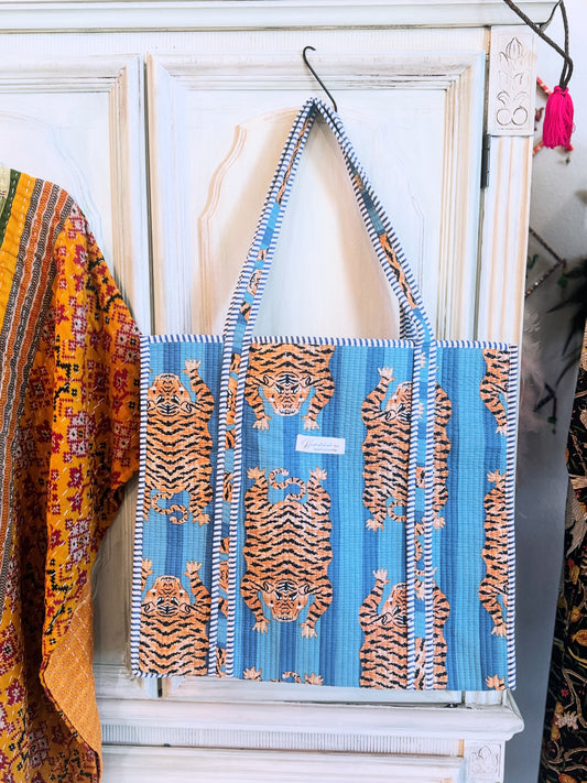 Blue Tiger Print Quilted Cotton Tote Bag – Large Reversible Handmade Shopper with Pocket