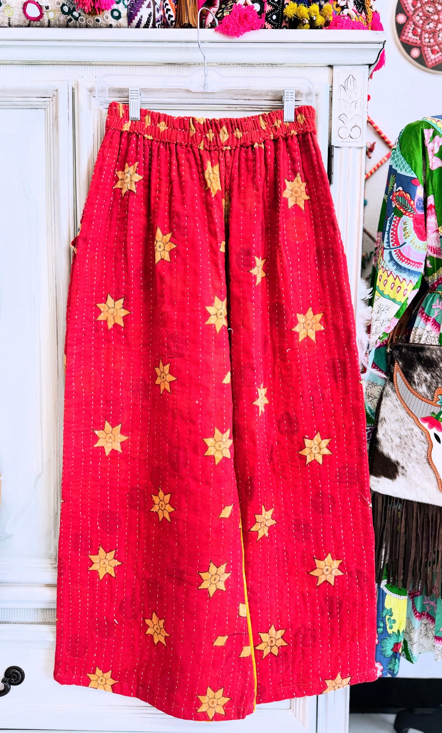 Sunrise Bloom – Handmade Kantha Cotton Pants | Wide Leg Boho Trousers | Pockets
