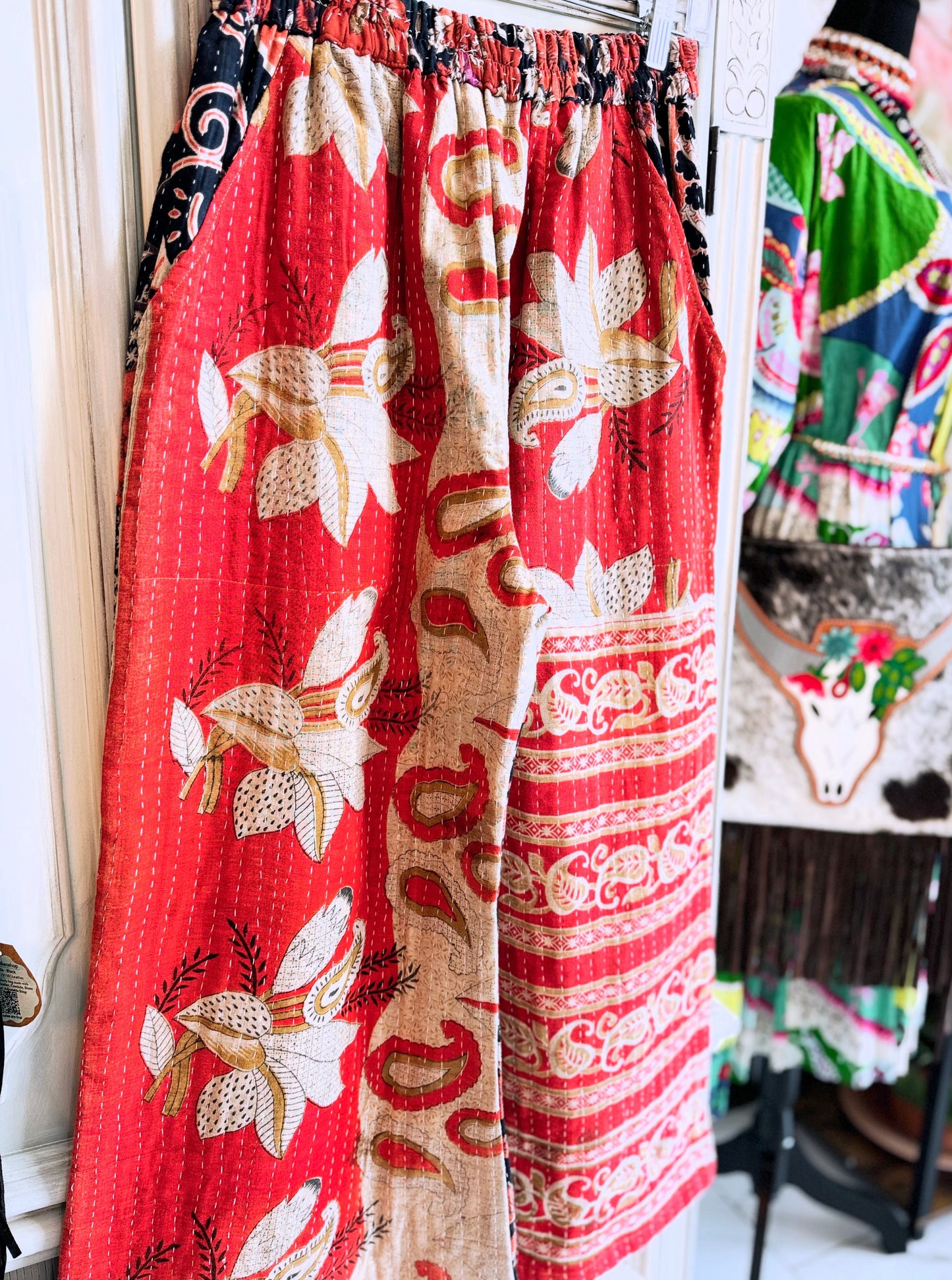 Paisley Rhythm – Handmade Kantha Cotton Pants | Wide Leg Boho Trousers | Pockets
