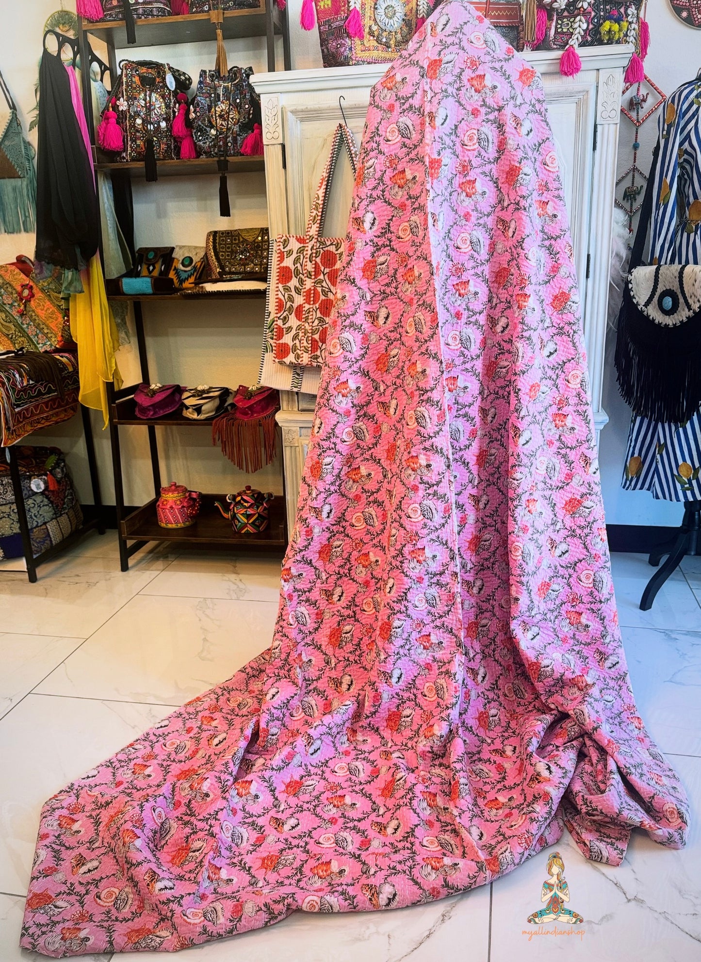 Pink Seashells | Hand Block Printed Kantha Quilt | 100% Cotton | Handmade | 84x104”