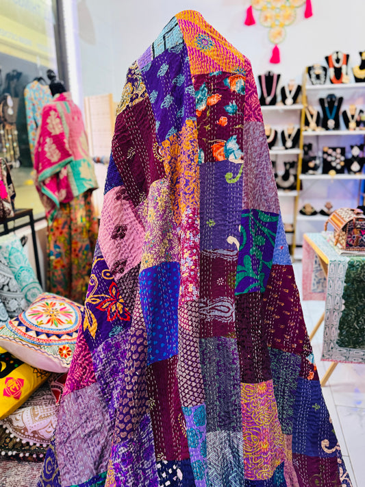 Silk Patchwork Kantha - Purple -Queen/ King