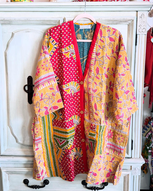 Colorful patterned kimono  100% cotton vintage kantha saree quilts