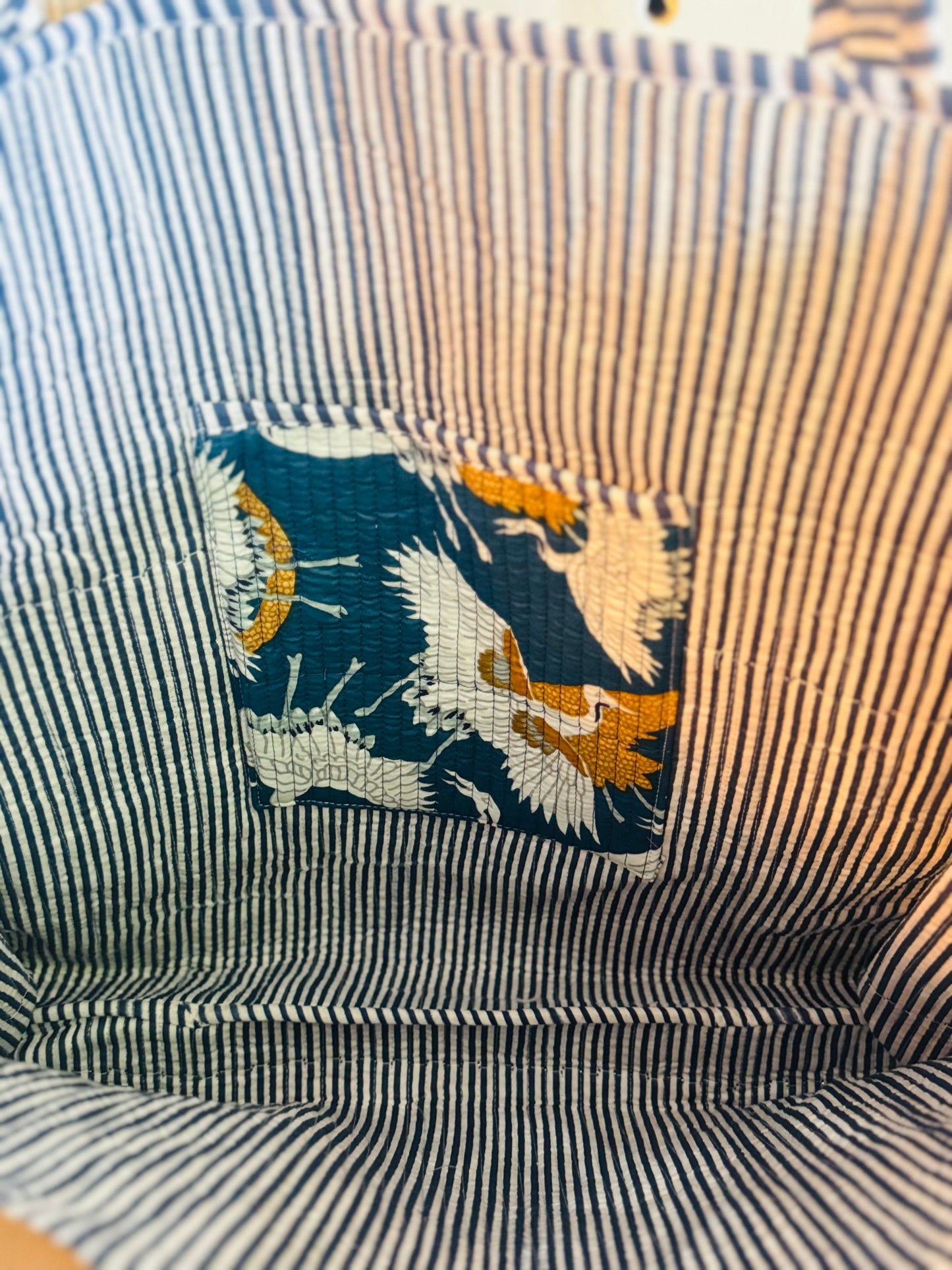 Azure Crane Flight Quilted Tote – Blue Crane Print Cotton Tote Bag, Hand Block Printed, Large Reversible Shopper with Pocket