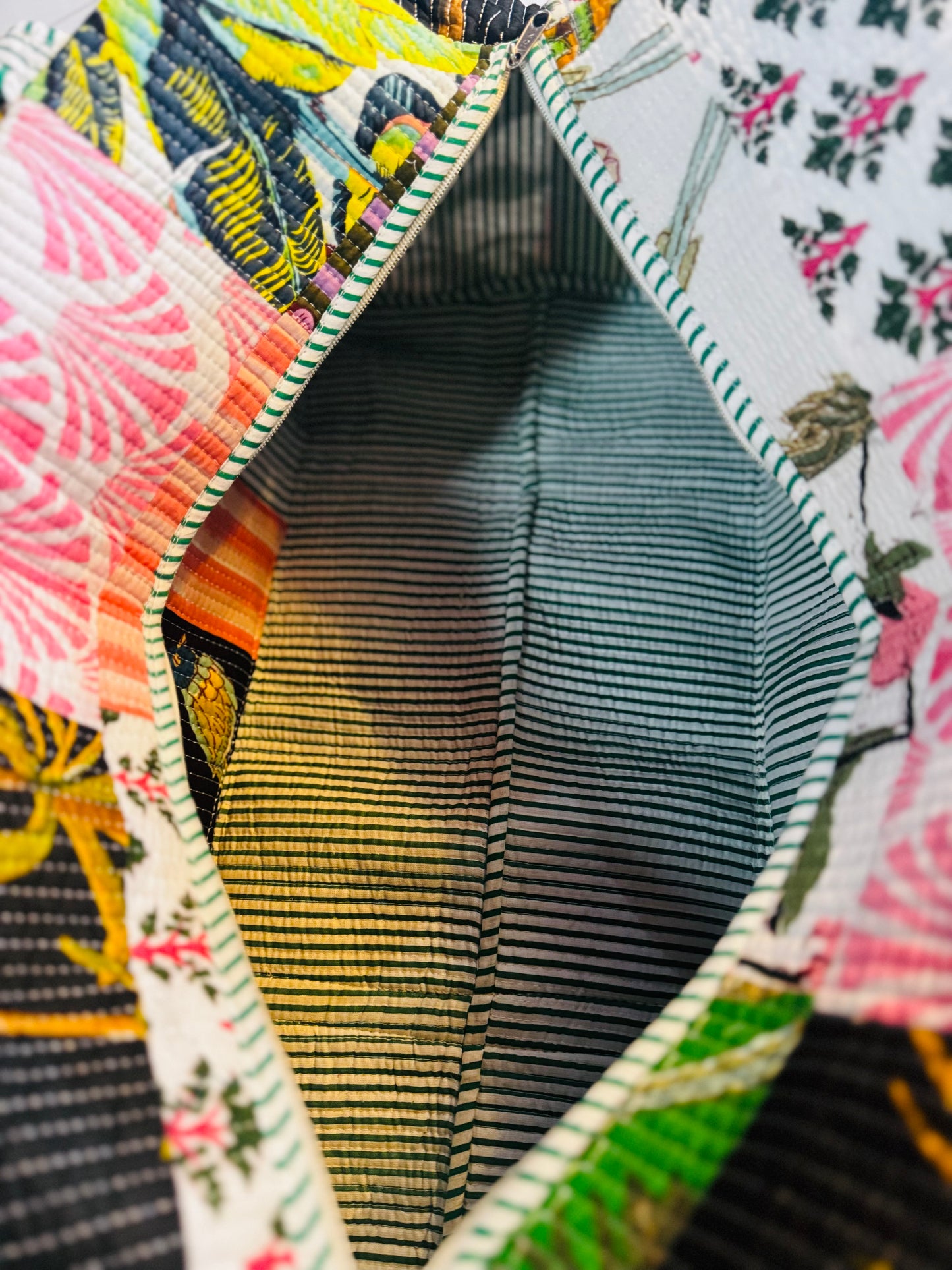 Tropical Palm Patchwork Quilted Duffel Bag – Handmade Botanical Block Print Cotton Weekender Bag