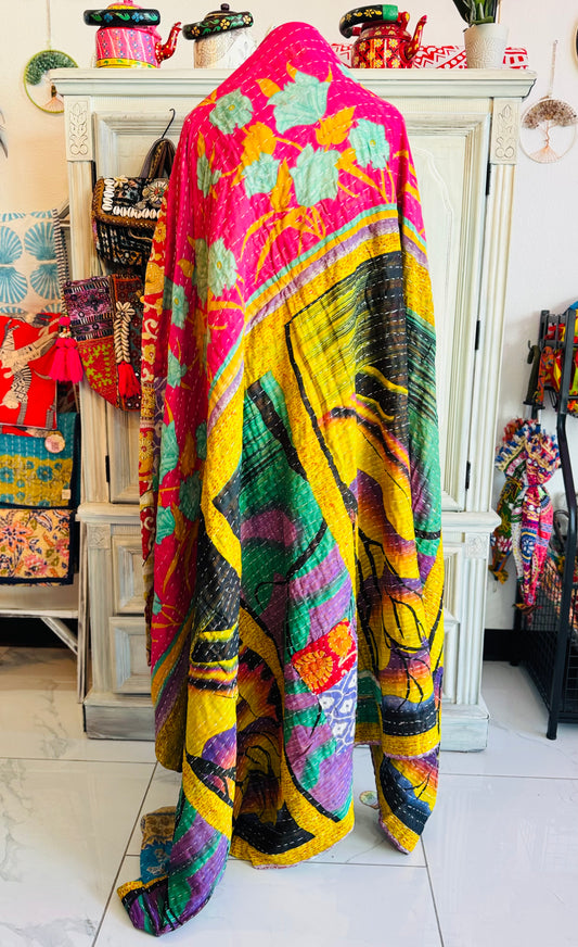 Abstract Print Saree Kantha Quilt – Twin Size - Throw Blanket