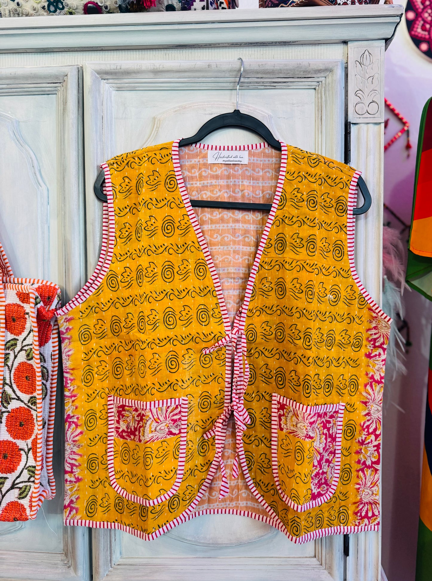 Handmade Reversible Kantha Vest – Amber | 100% Cotton Jacket
