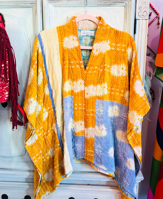 Handmade Kantha Poncho – Sunshine Bloom | Unisex | 100% Cotton Boho Top