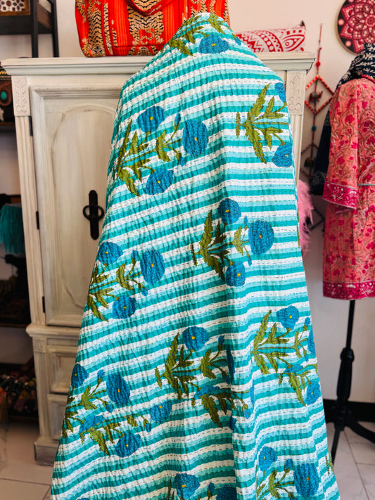 Ocean Bloom – Handblock Printed Kantha Quilt | Cotton | Handmade | Full Size