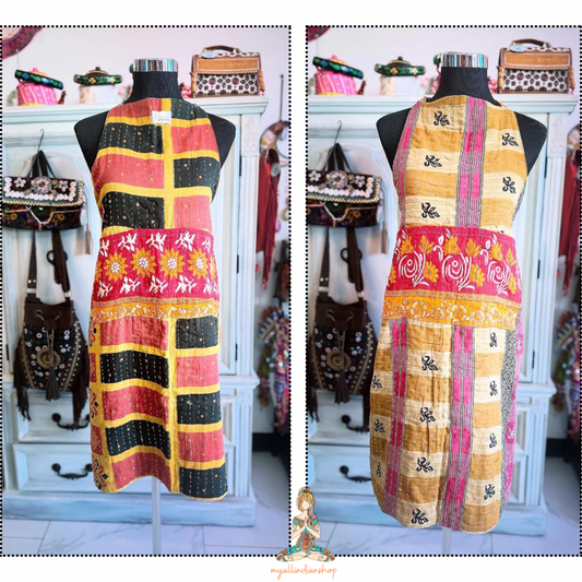 Sunset Grid kantha apron showing both sides - square grid and floral circle patterns