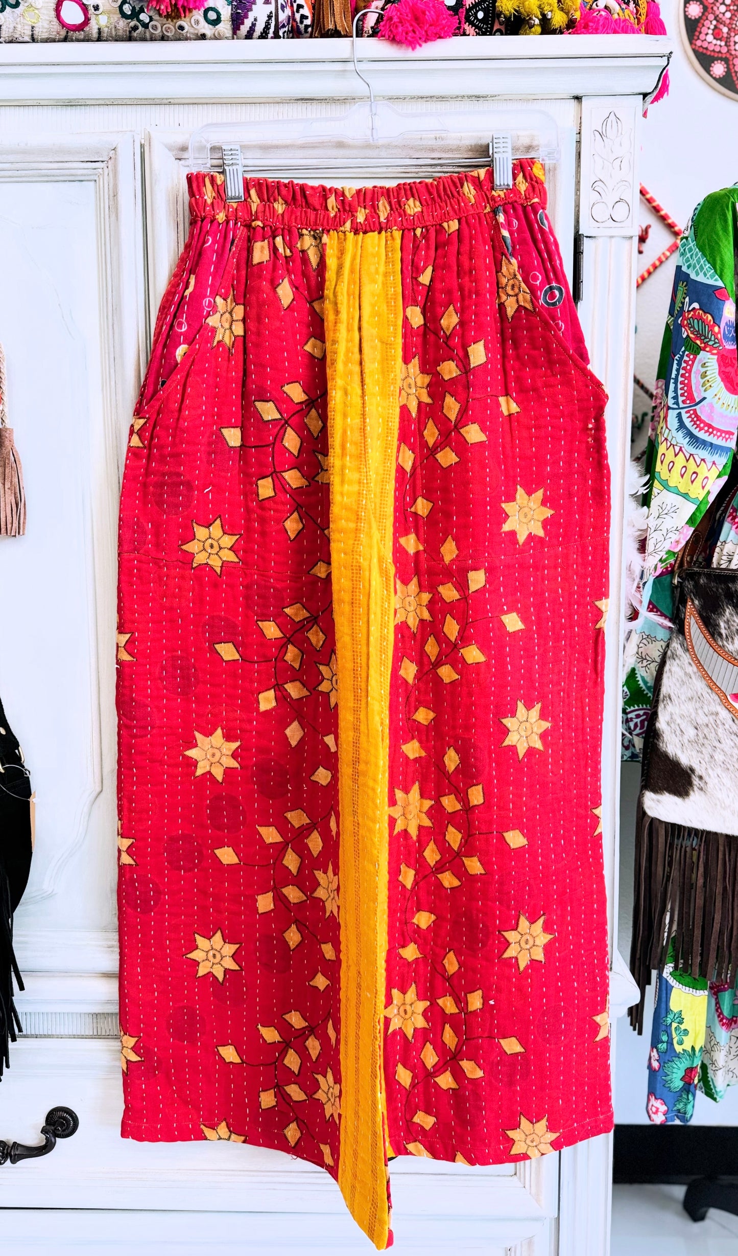 Sunrise Bloom – Handmade Kantha Cotton Pants | Wide Leg Boho Trousers | Pockets