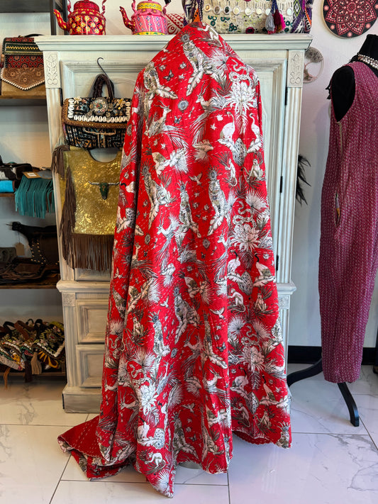 Jungle Print- Red- Handblock Printed Kantha Quilt | Cotton | Handmade