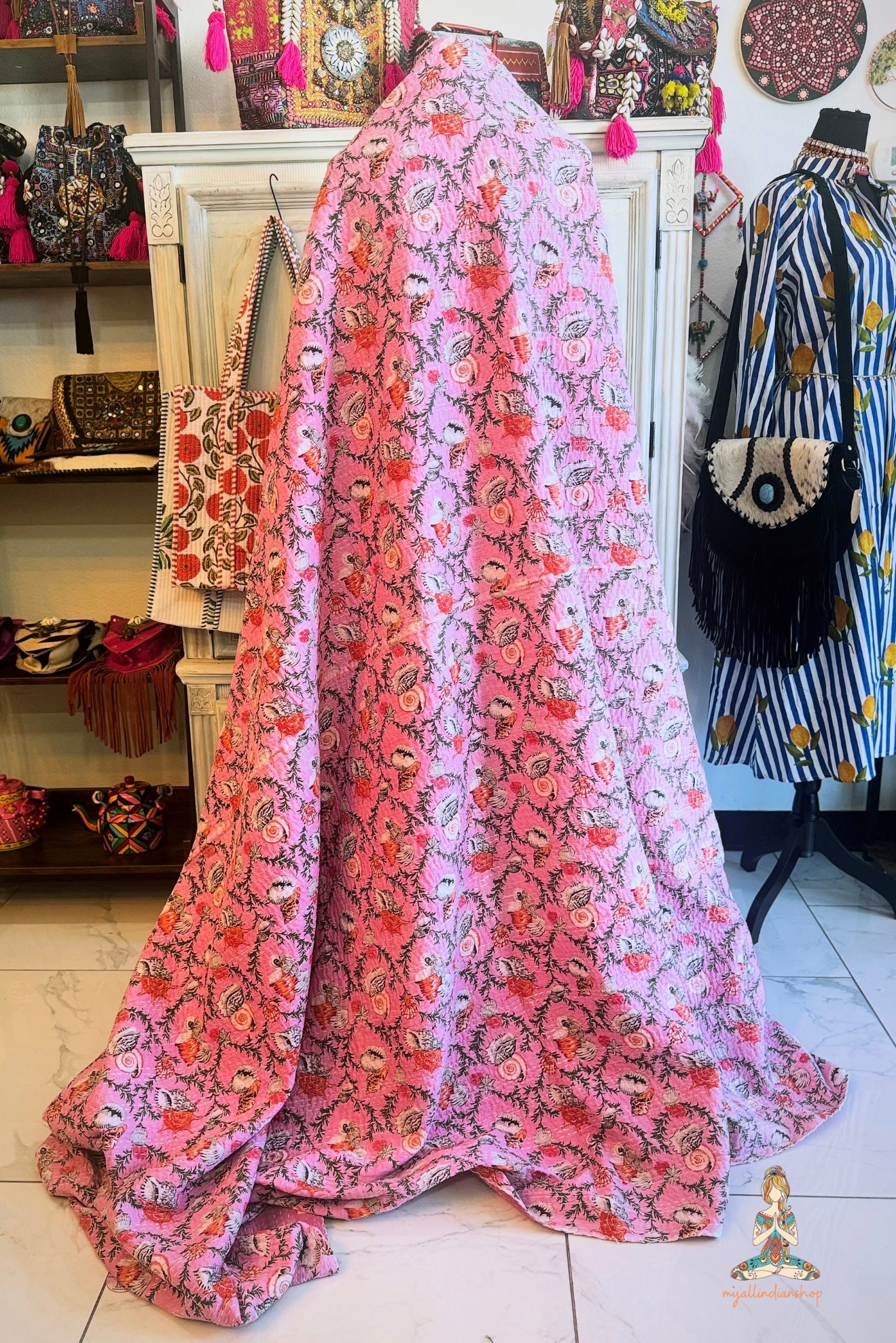 Pink Seashells | Hand Block Printed Kantha Quilt | 100% Cotton | Handmade | 84x104”