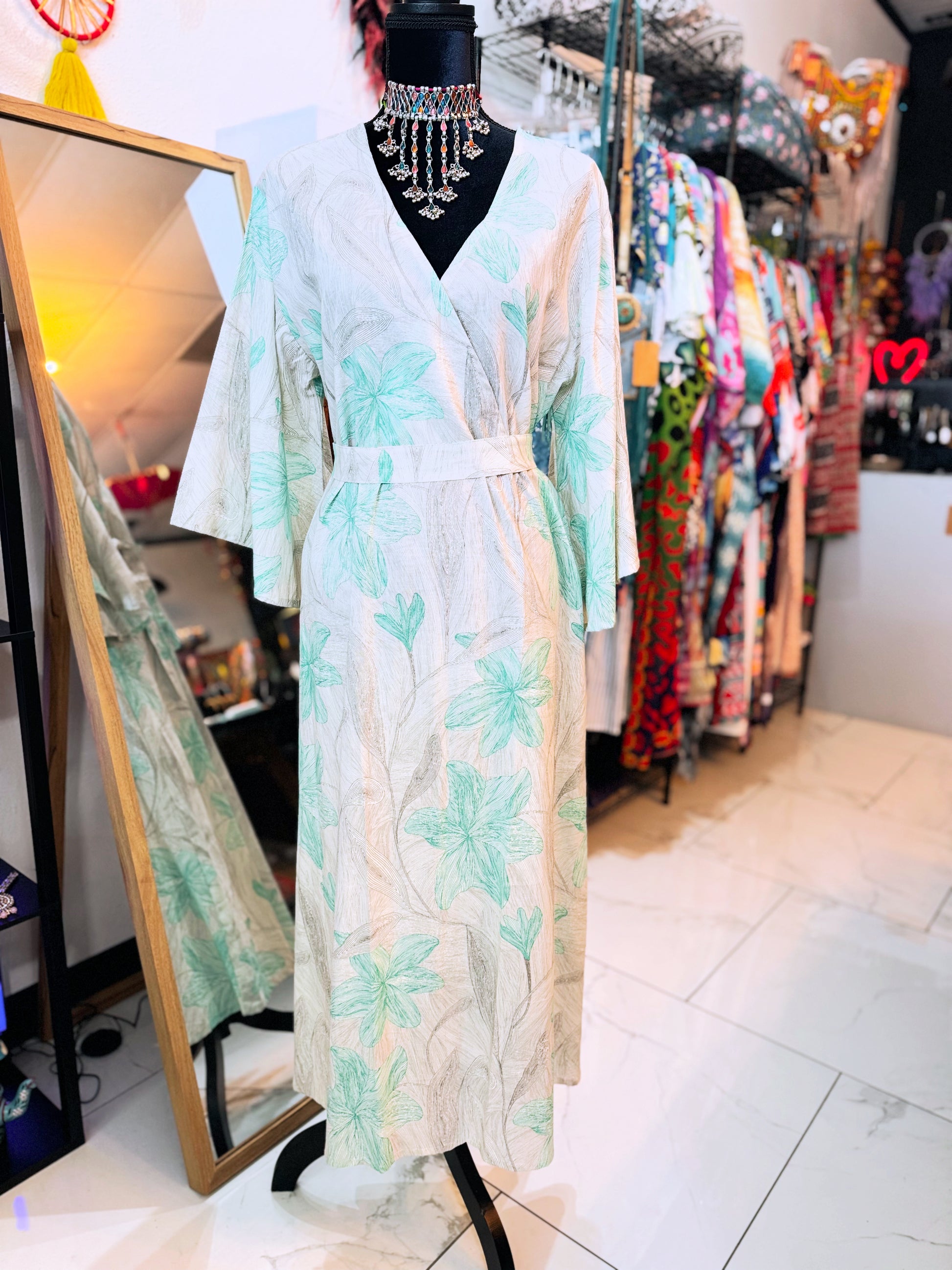 Mint Whisper – Handmade Cotton Wrap Midi Dress with Belt & Pockets (Medium)