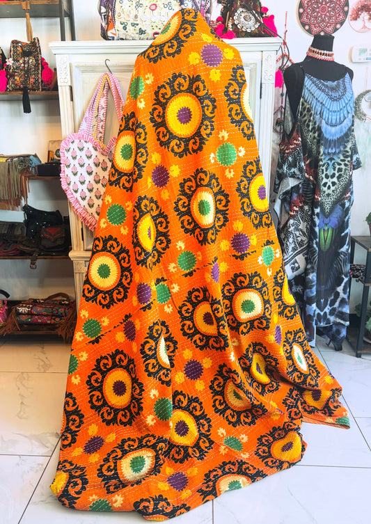 Sunburst Ember Kantha Quilt - 100% Cotton Handmade Blanket | Handblock Print Bedspread (84x106)