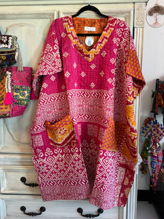 Handmade Kantha Dress – Pink | 100% Cotton | 2 Pockets