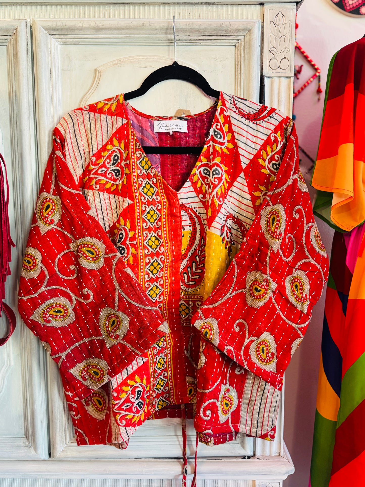 Crimson Mosaic Butterfly 2-Way Top – Handmade | 100% Cotton Boho Blouse