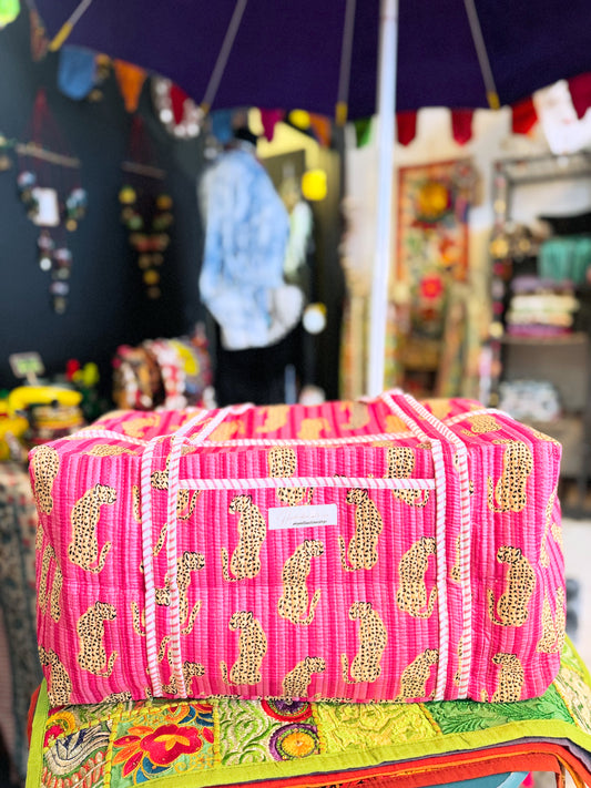 Hot Pink Leopard Print Quilted Duffel Bag – Handmade Animal Print Weekender Cotton Travel Bag