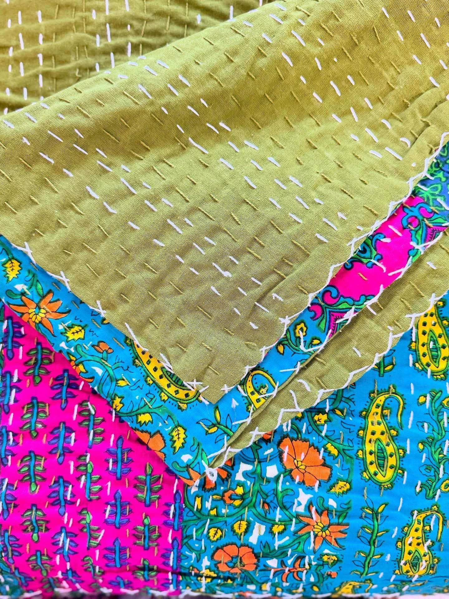 Colorblock Harmony – Handblock Printed Kantha Quilt – 100% Cotton | Handmade