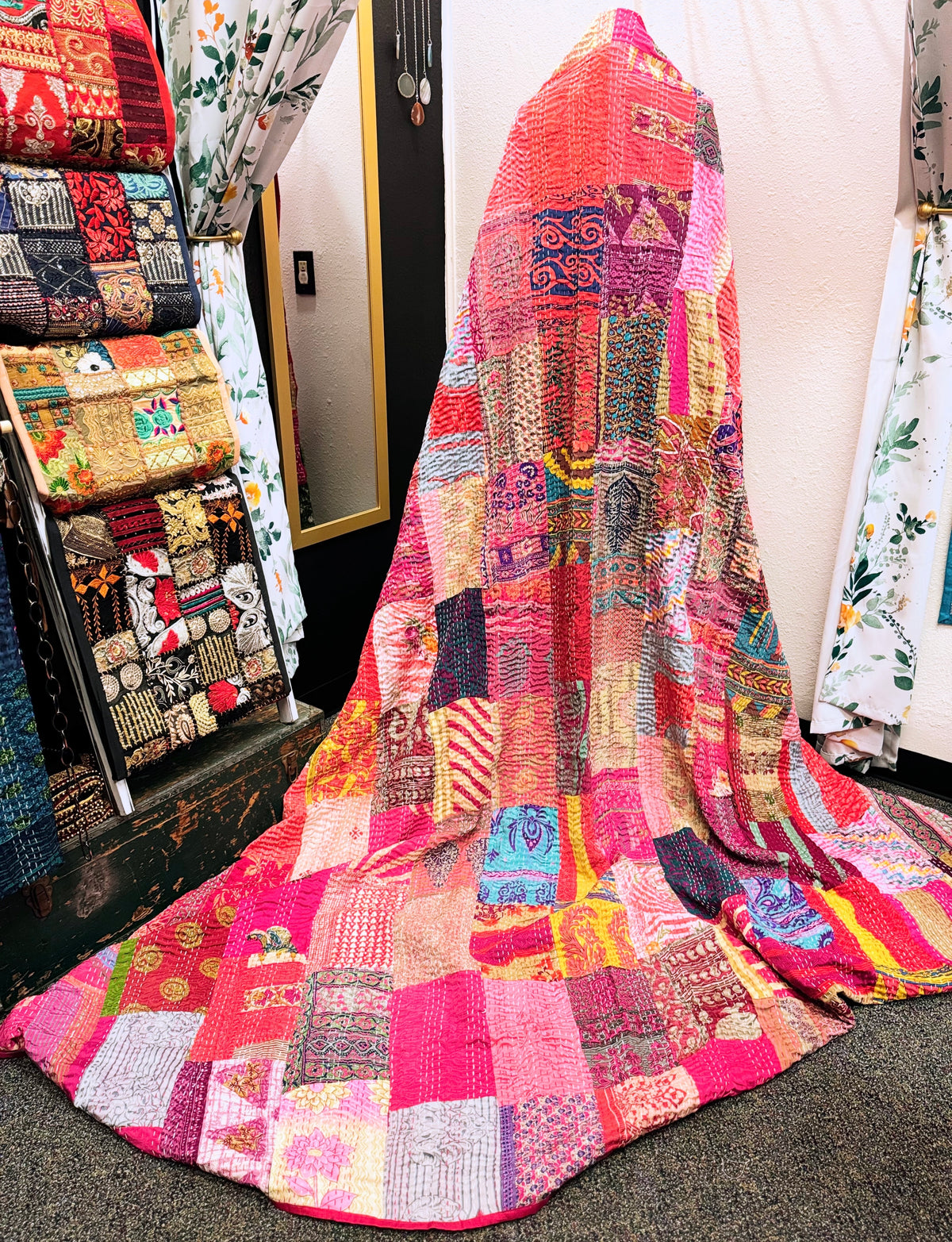 Silk Patchwork Kantha Quilt - Pink- Handmade | Silk | Cotton | Queen | King