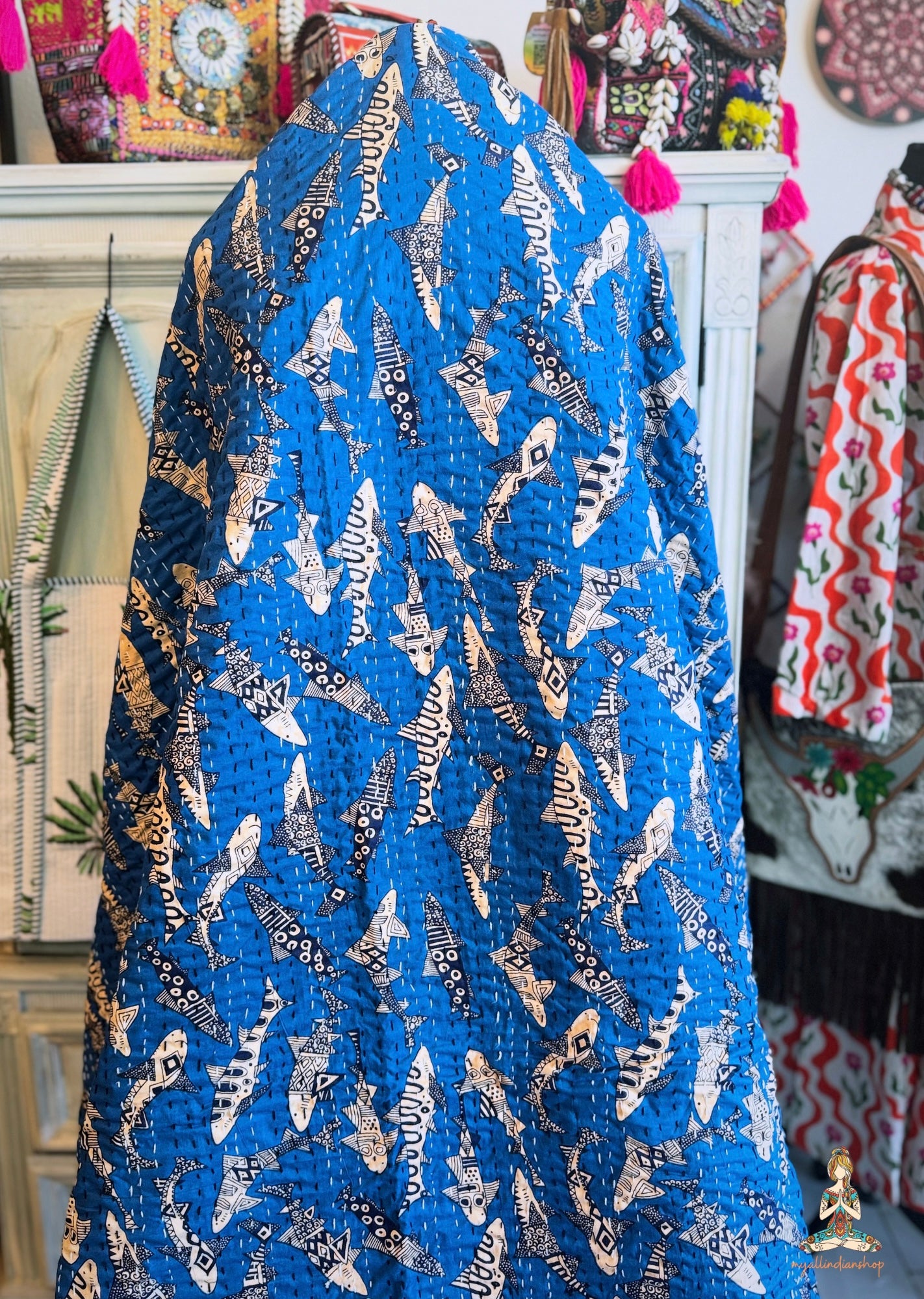 Indigo Shark Print Kantha Quilt | Cotton Lightweight Blanket | Throw/Twin Size