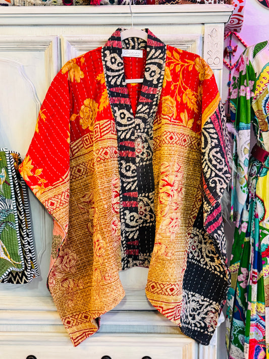 Handmade Kantha Poncho – Midnight Patch Bloom | Unisex | 100% Cotton Boho Top