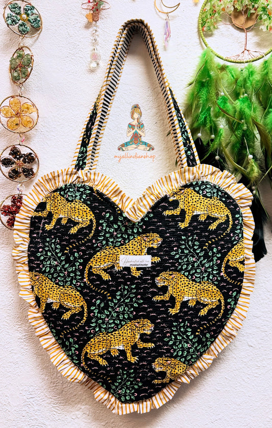 Heart Quilted Tote- cheetah - Zipper - Pocket