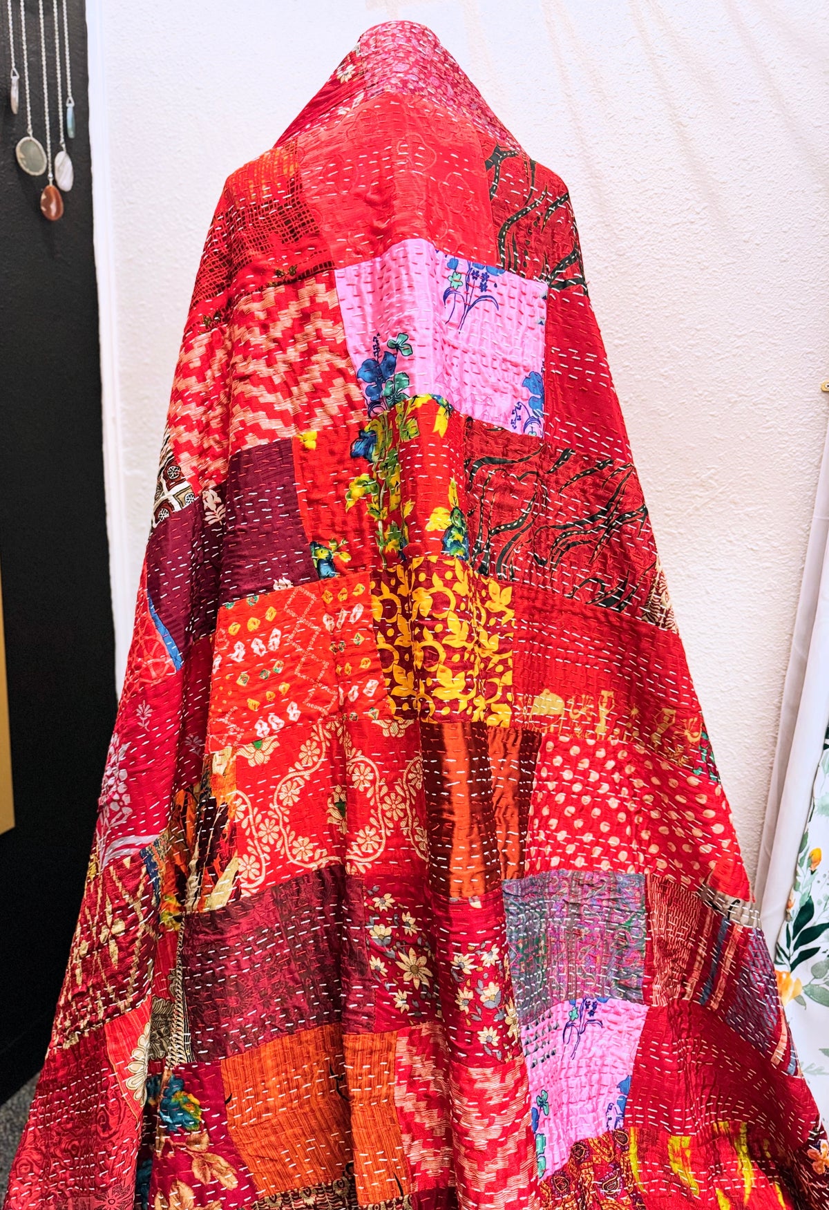 Silk Patchwork Kantha Quilt - Red- Handmade | Silk | Cotton | Queen | King