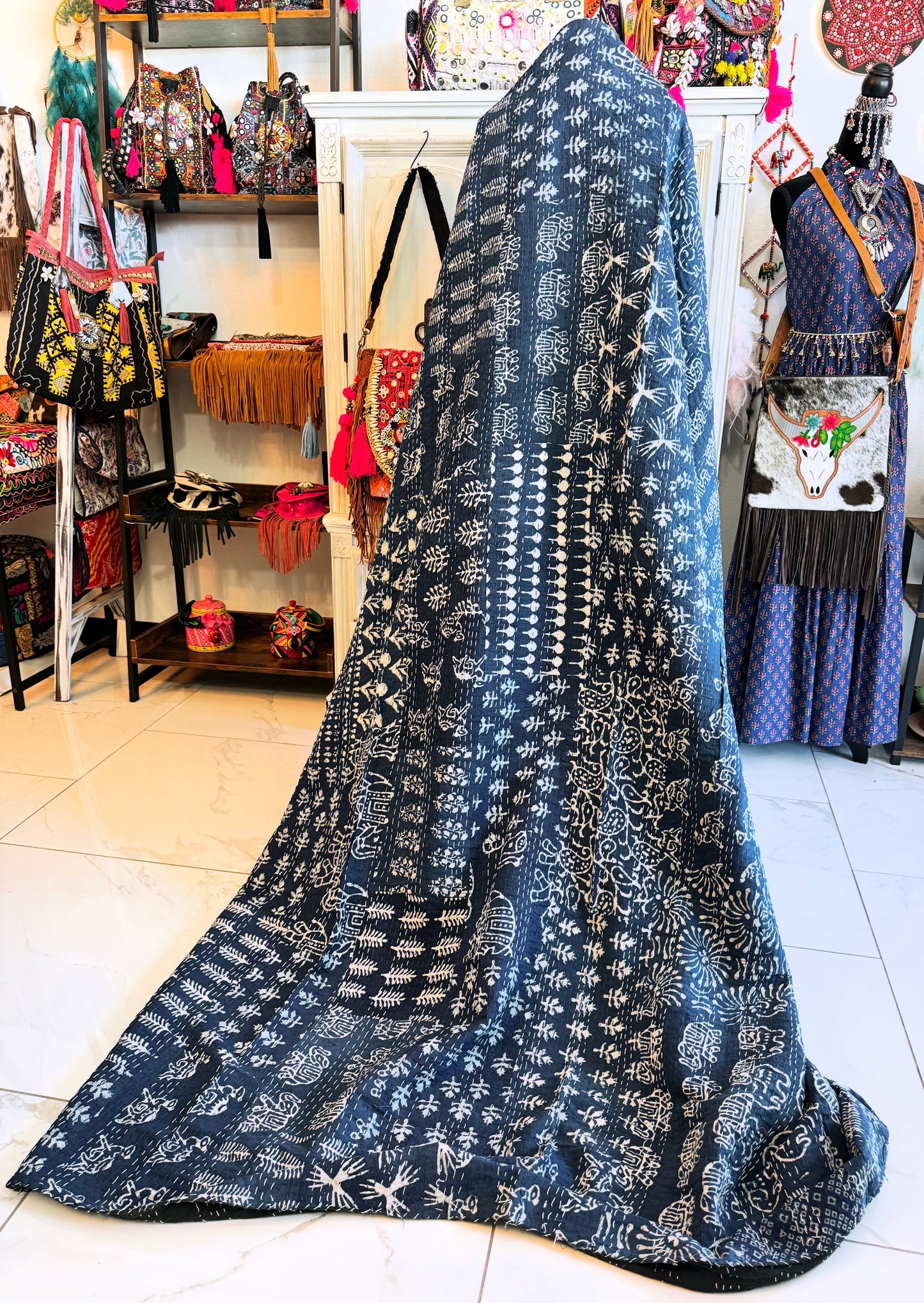 Collector’s Indigo Kantha Patchwork Quilt – 90” x 110” | Handcrafted Heirloom