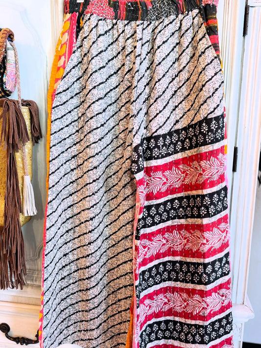 Monochrome Mix – Handmade Kantha Cotton Pants | Wide Leg Boho Trousers