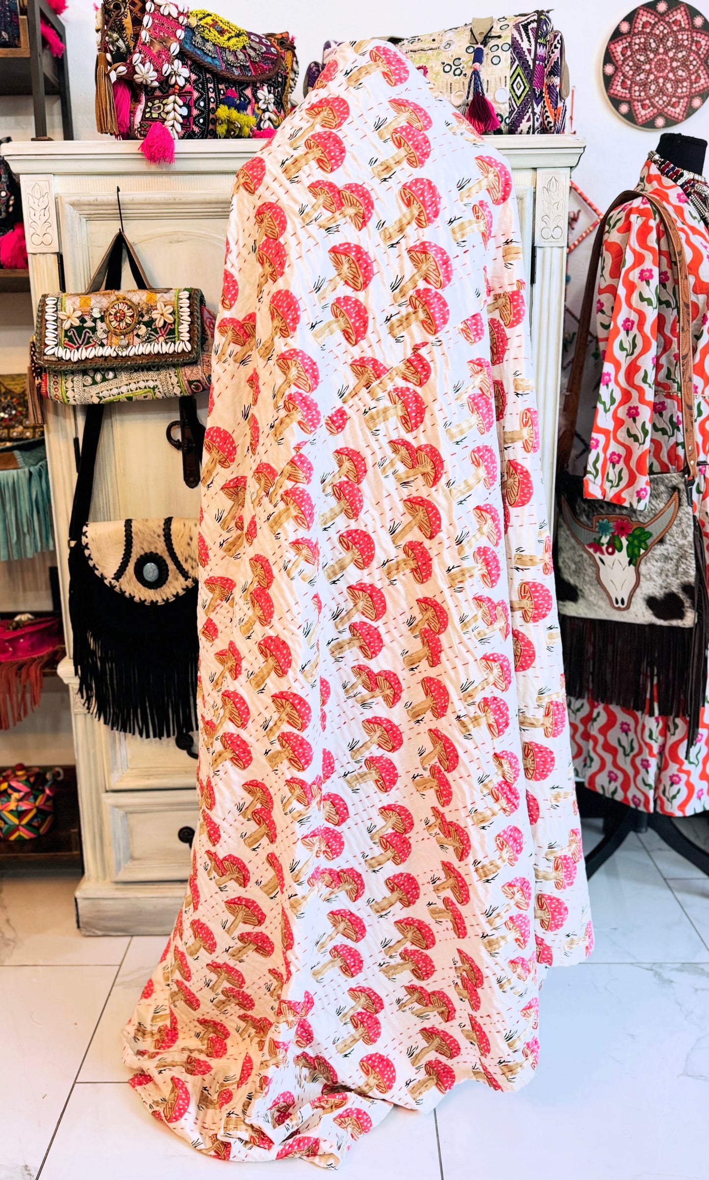 Pink Mushroom Print Kantha Quilt | Cotton Lightweight Blanket | Throw/Twin Size