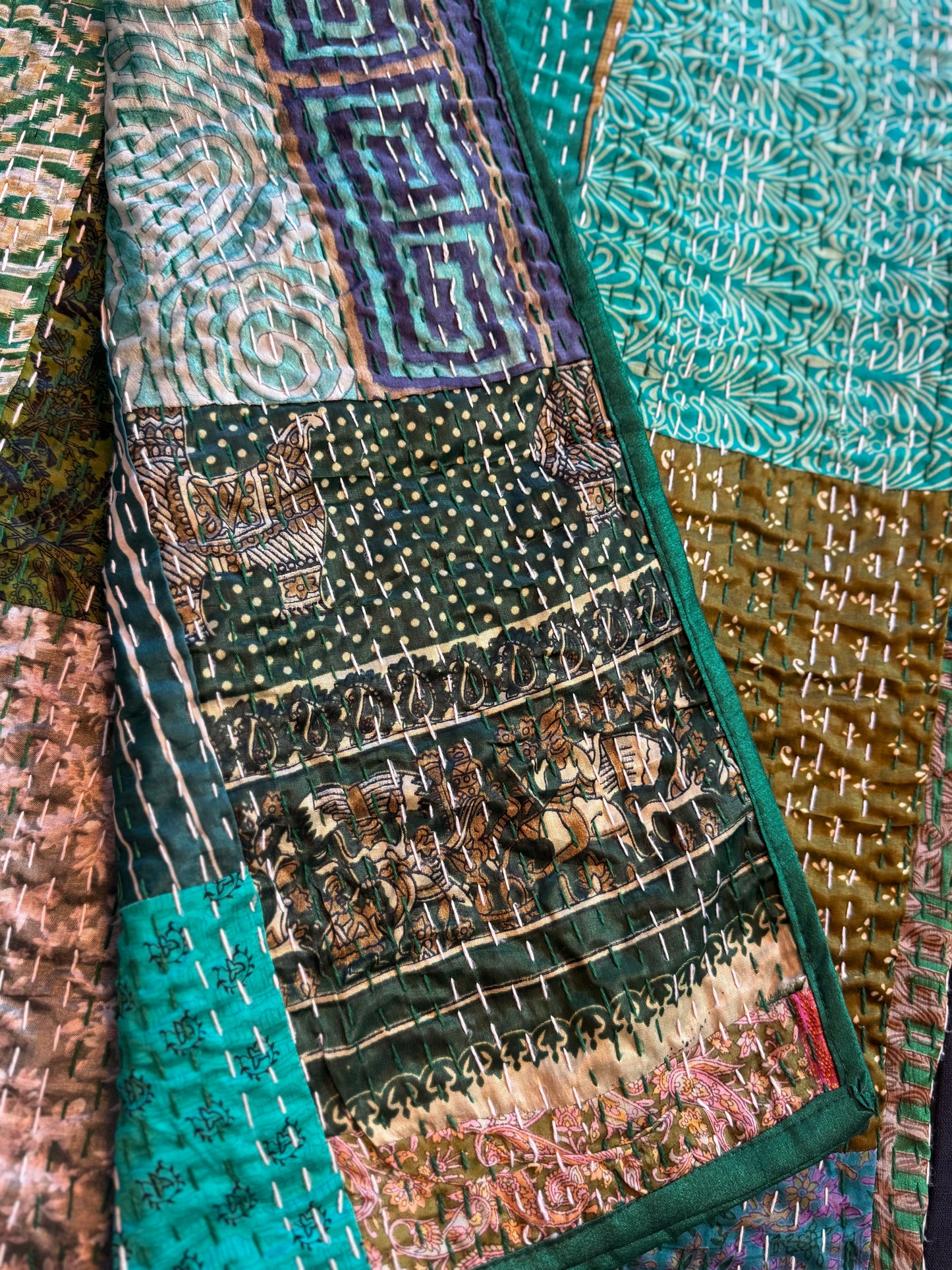 Silk Patchwork Kantha - Green-Queen/ King