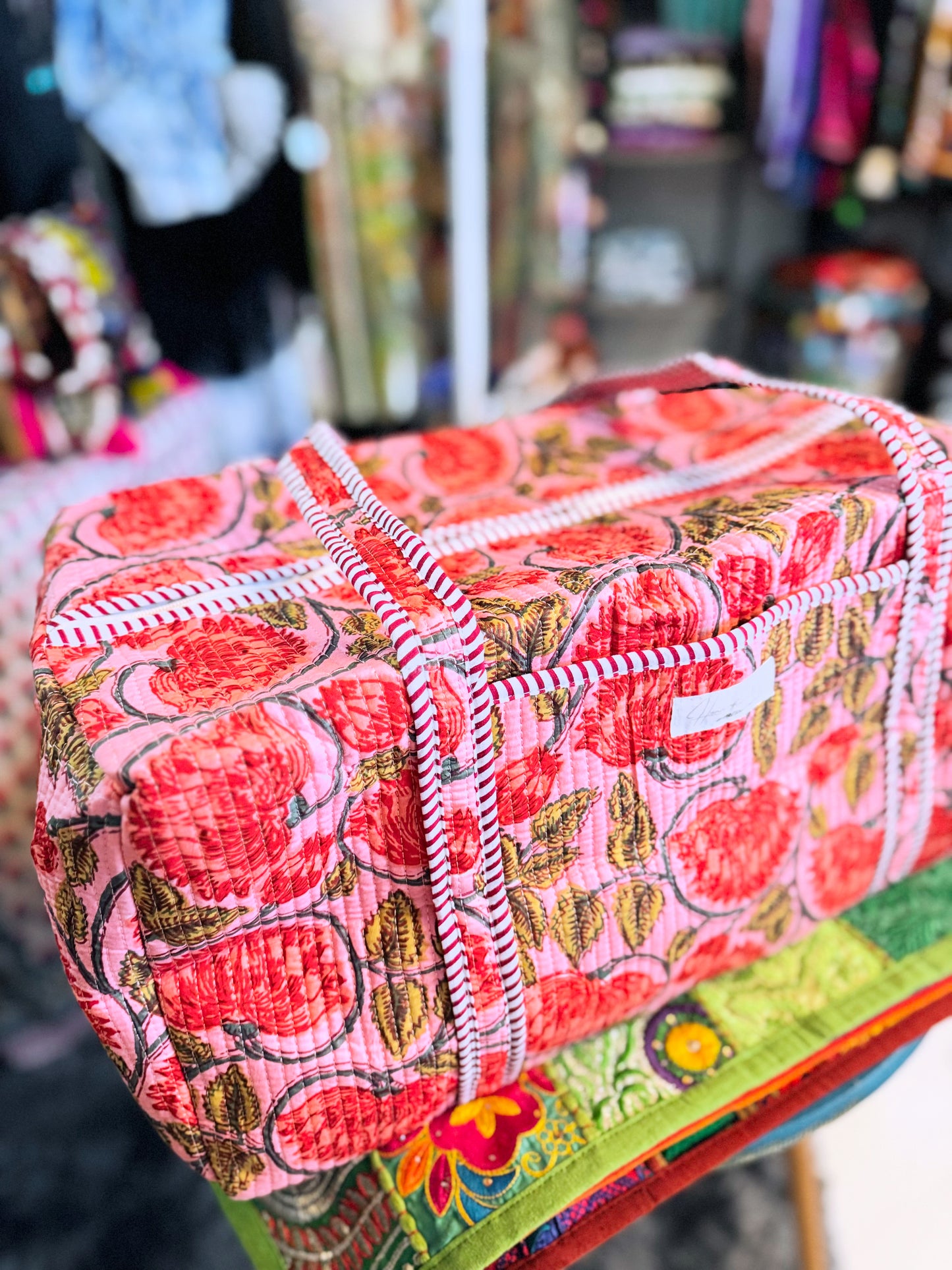 Red Floral Quilted Duffel Bag – Handmade Block Print Weekender Travel Bag