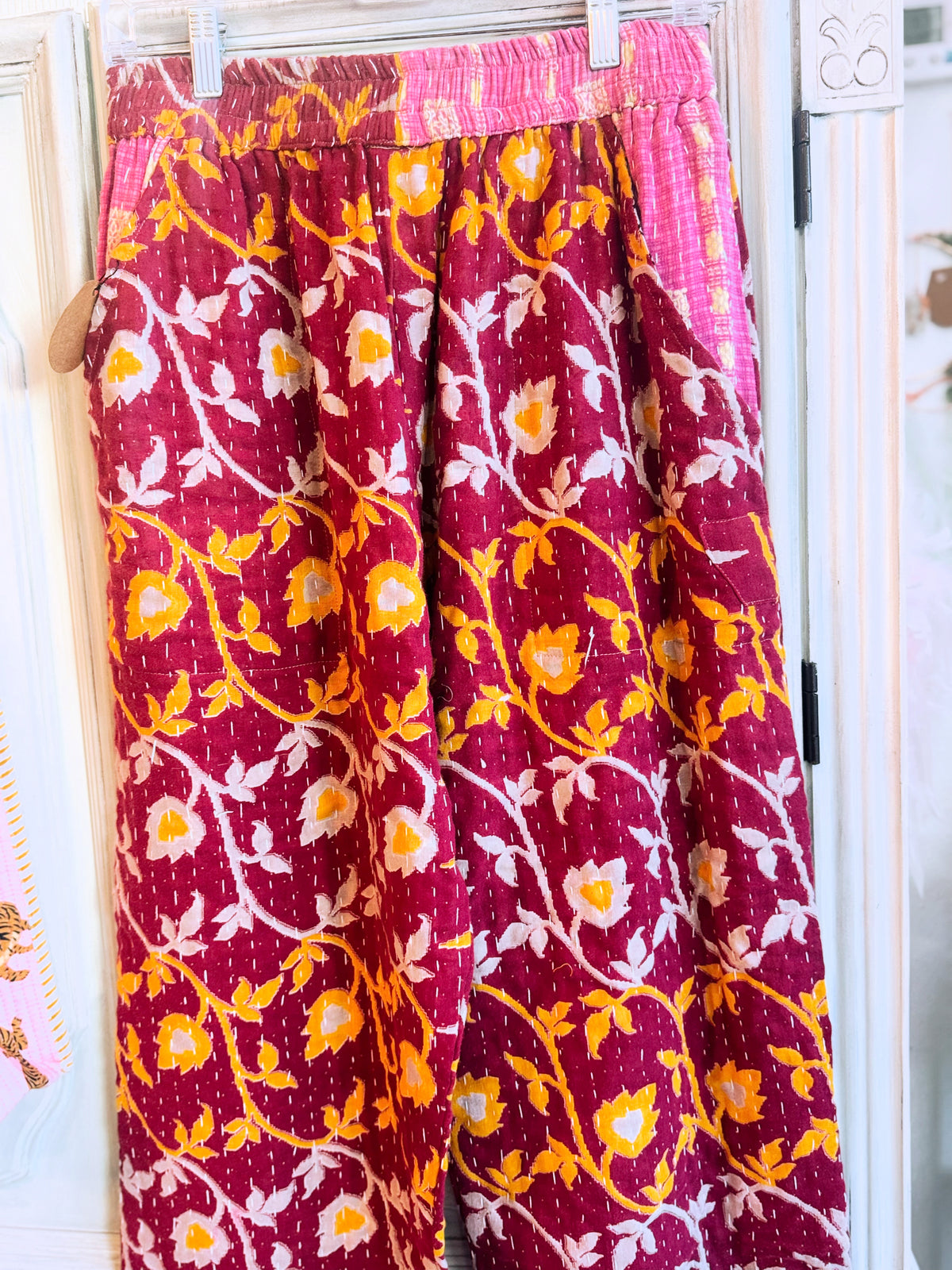 Merlot Marigold – Handmade Kantha Cotton Pants | Wide Leg Boho Trousers | Pockets