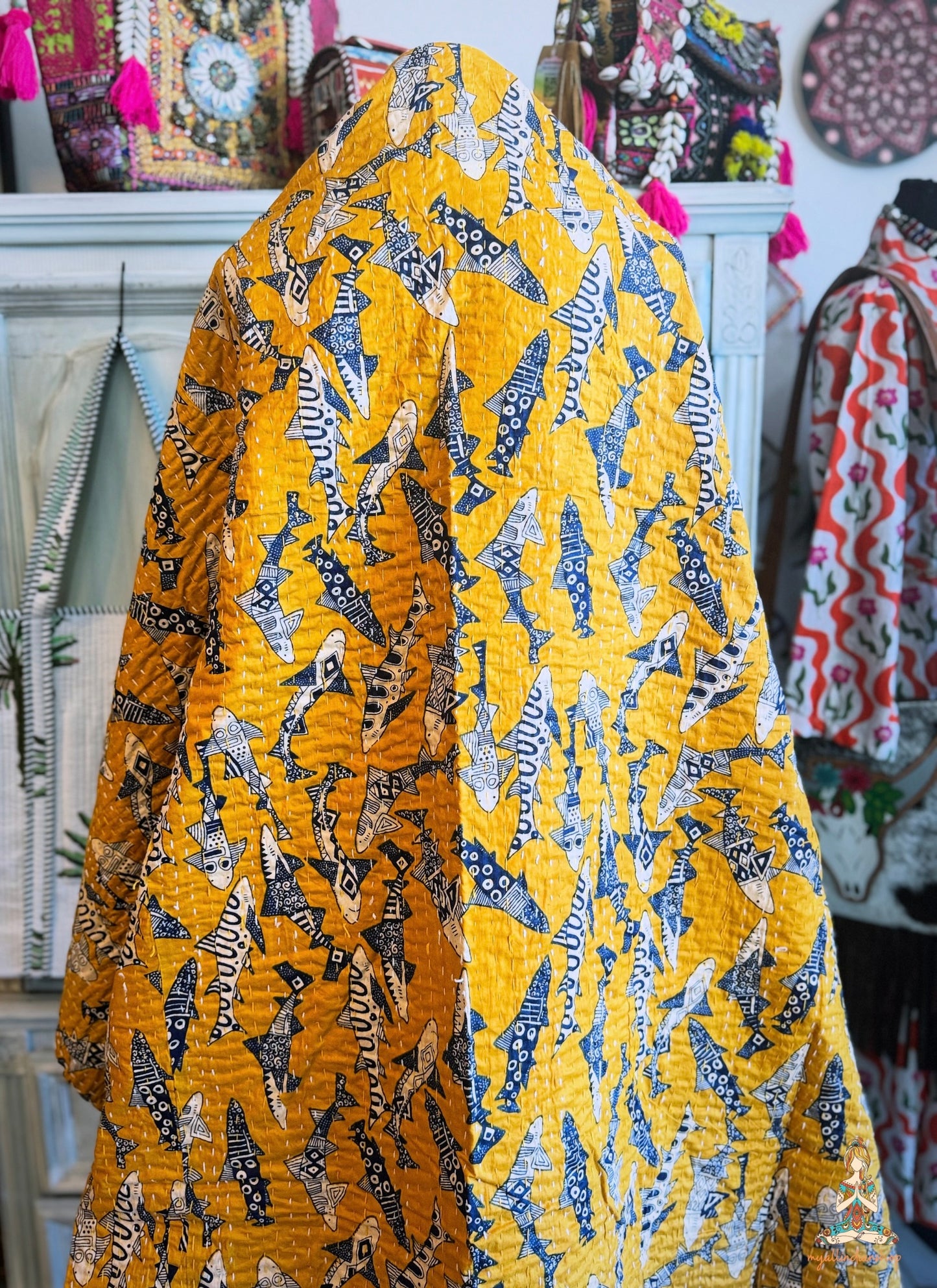 Mustard Yellow Shark Print Kantha Quilt | Cotton Lightweight Blanket | Throw/Twin Size