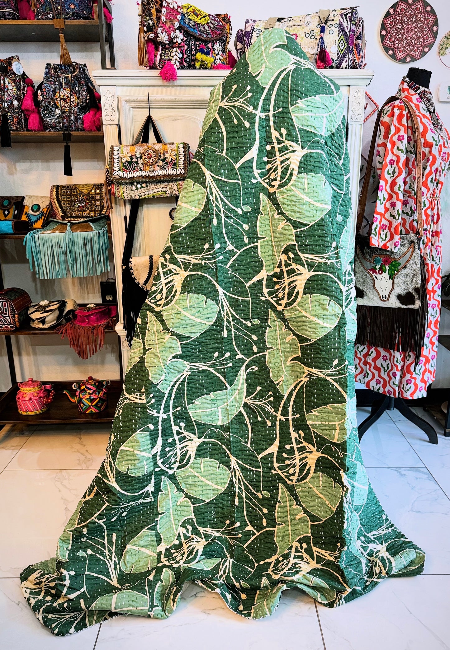Sage Green Leaf Print Kantha Quilt | Cotton Lightweight Blanket | Throw/Twin Size