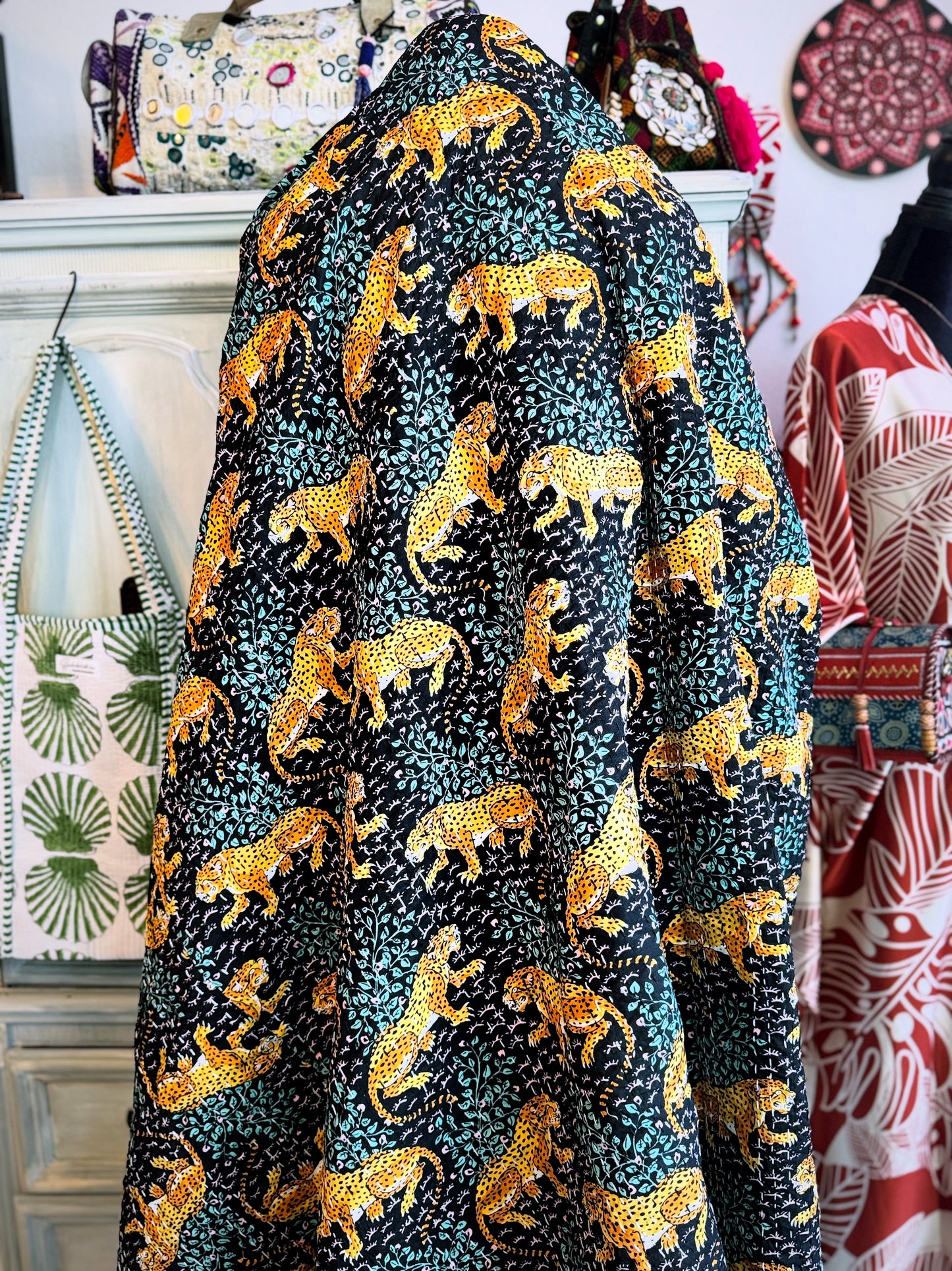 Wild Savannah – Black Leopard Handblock Printed Kantha Quilt | 100% Cotton | Handmade