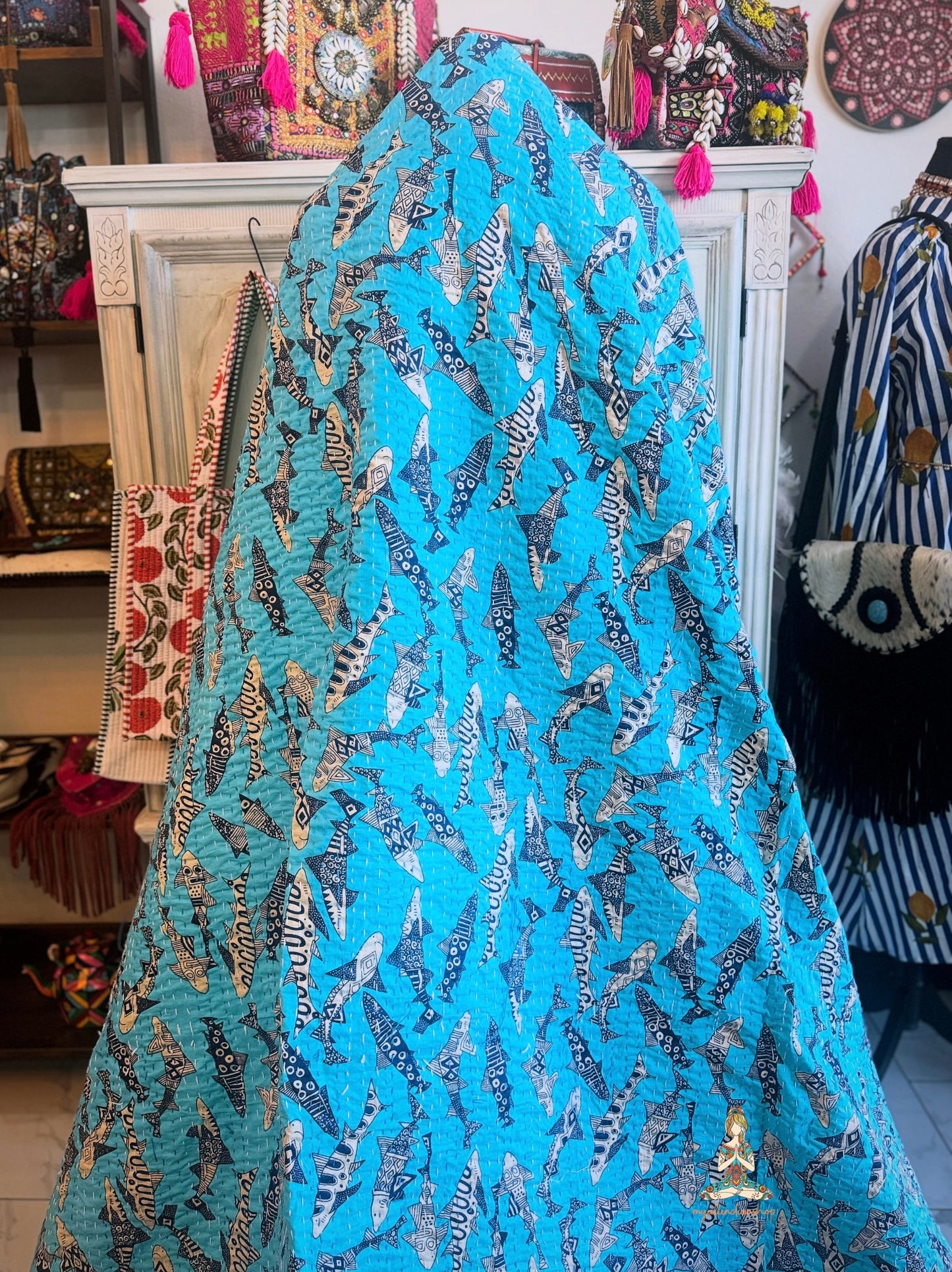 Turquoise Tide | Tribal Shark Print Kantha Quilt | 100% Cotton | Handmade | 90x110” Queen/King
