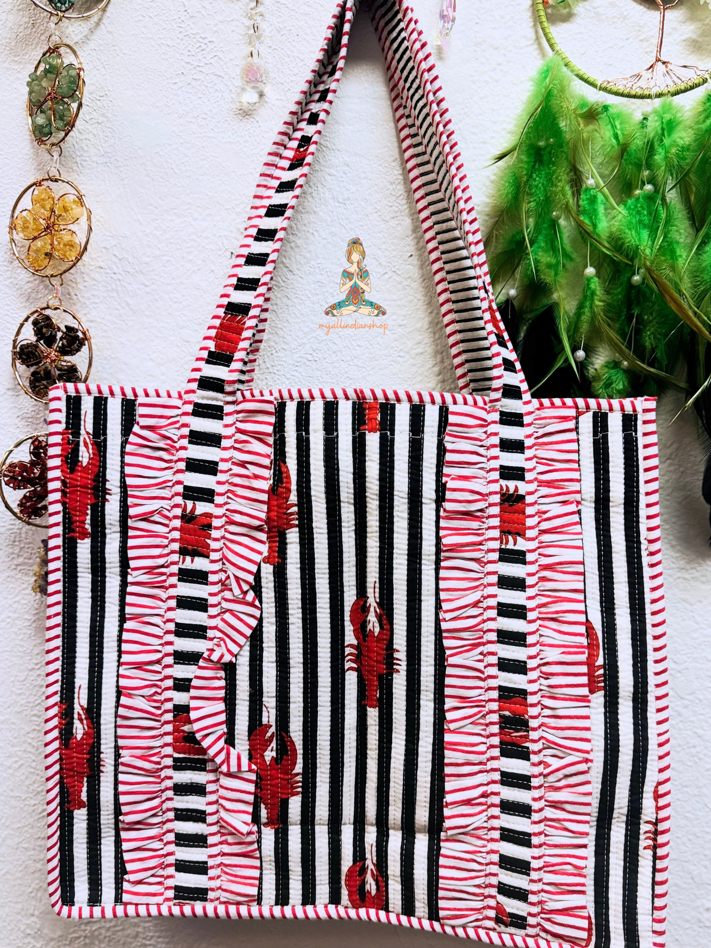 Red Lobster Print Reversible Quilted Tote Bag | Coastal Catch Hand Block Print Ruffle Tote