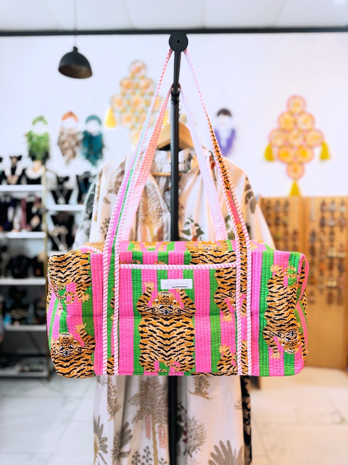 Pink & Green Tiger Print Quilted Duffel Bag – Handmade Block Print Weekender Travel Bag