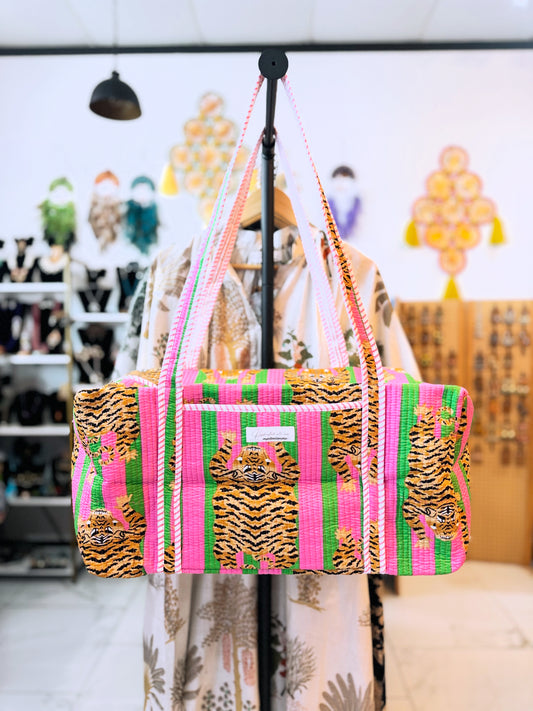 Pink & Green Tiger Print Quilted Duffel Bag – Handmade Block Print Weekender Travel Bag