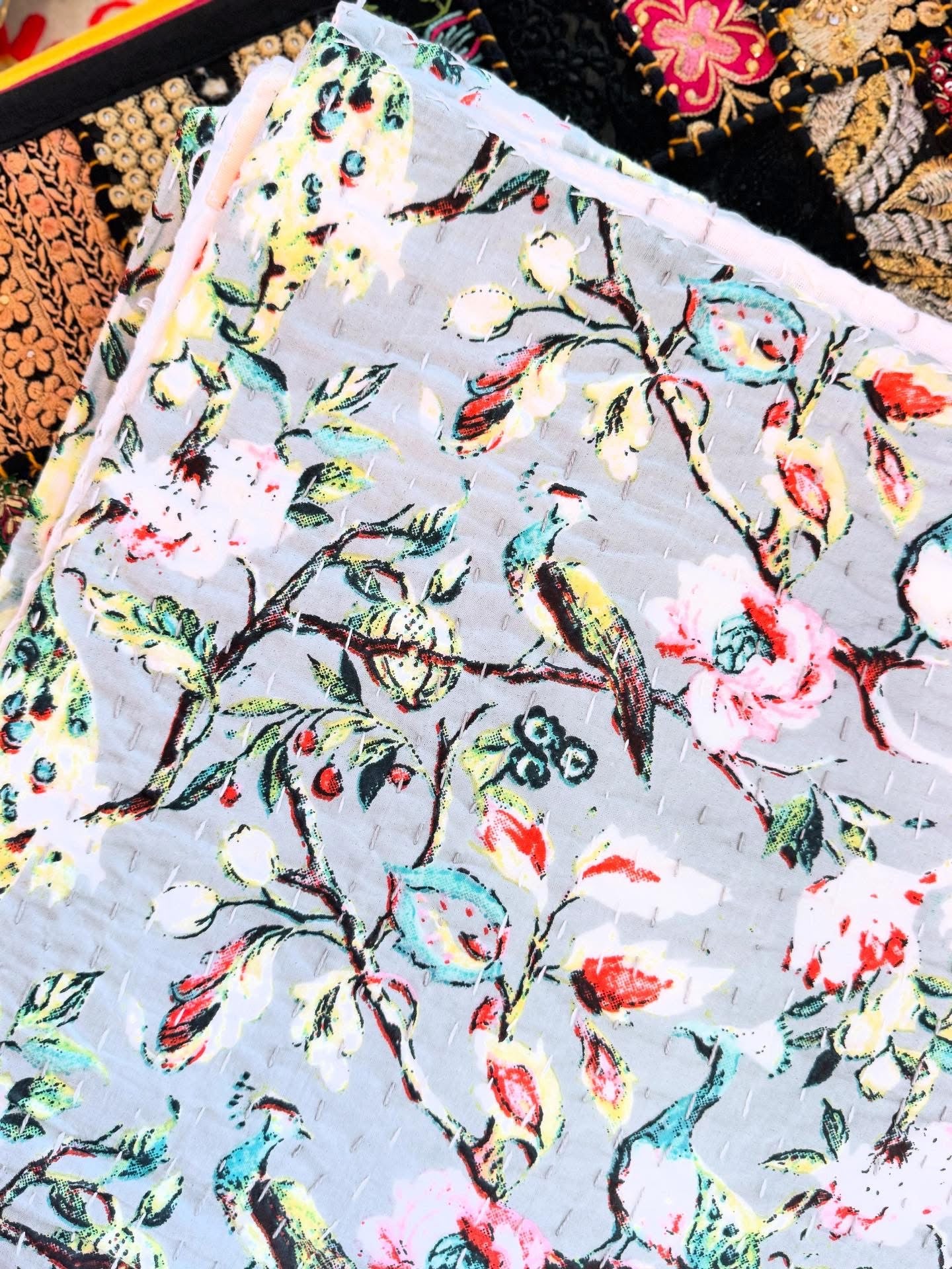 Peacock Garden – Handblock Printed Kantha Quilt – 100% Cotton | Handmade