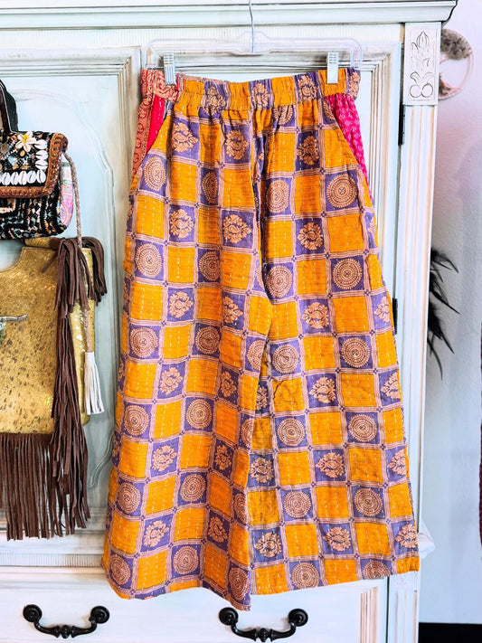 Saffron Squares – Handmade Kantha Cotton Pants | Wide Leg Boho Trousers