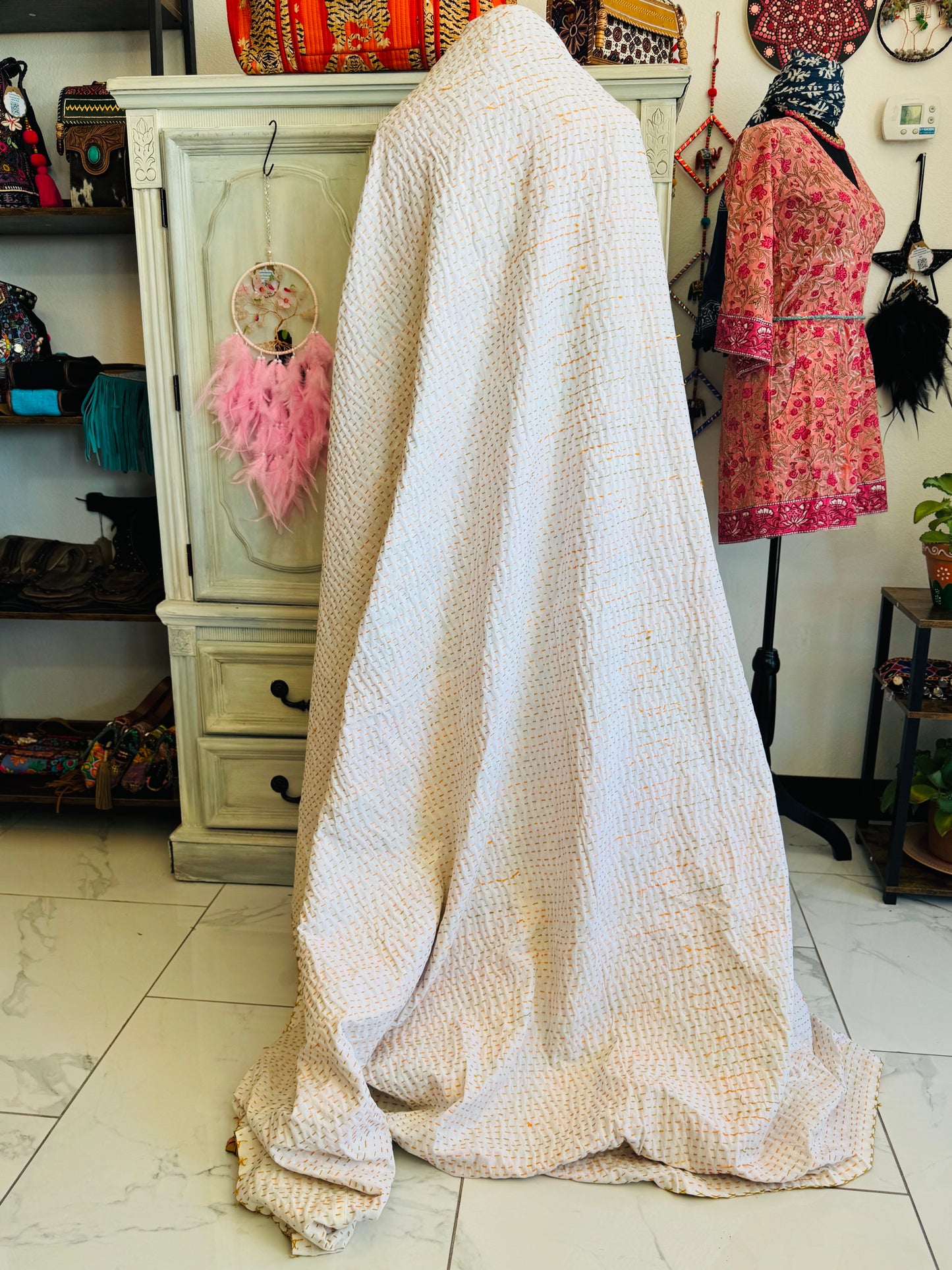 Golden Flora – Handblock Printed Kantha Quilt | Cotton | Handmade | Full Size