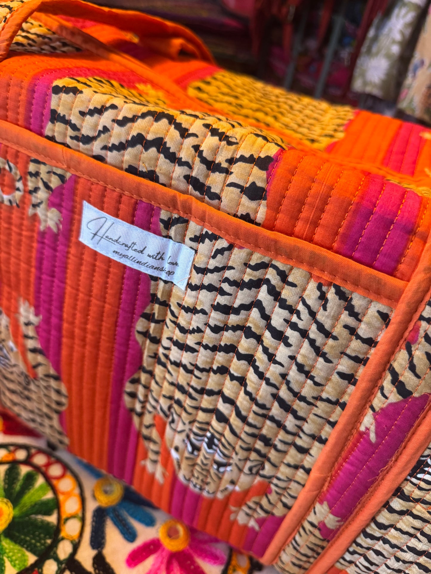 Safari Stripe Weekender – Handmade Quilted Cotton Duffle | Tiger Print Travel Bag