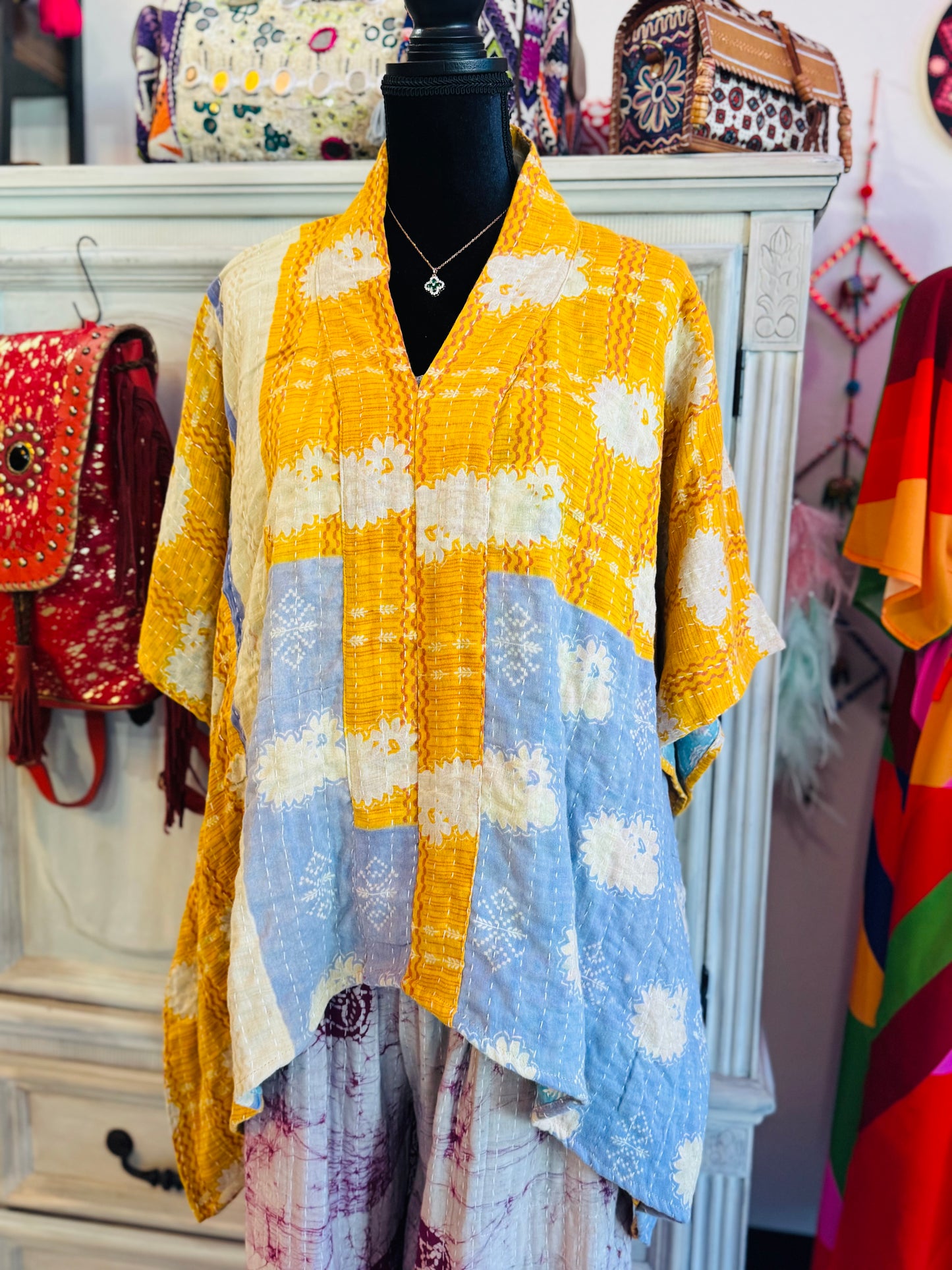 Handmade Kantha Poncho – Sunshine Bloom | Unisex | 100% Cotton Boho Top